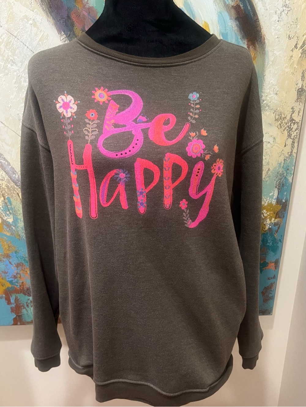 Natural Life Be Happy Graphic Sweatshirt XS Brown Pink Floral Boho Pullover - Picture 4 of 8